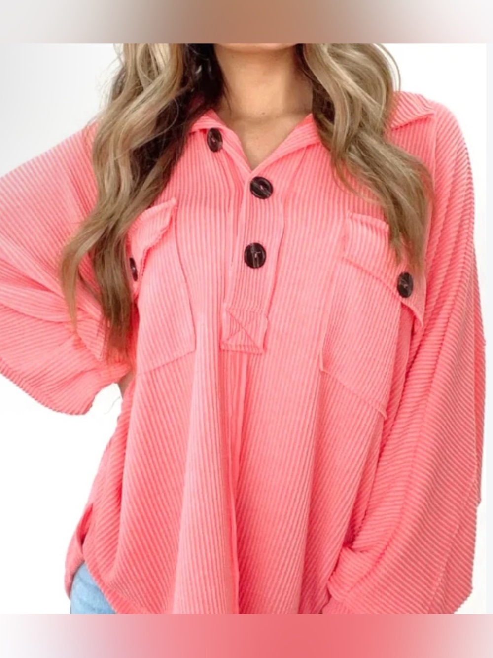 Bucket List Bright Pink Ribbed Oversized Quarter Button Long Sleeve - Size M
